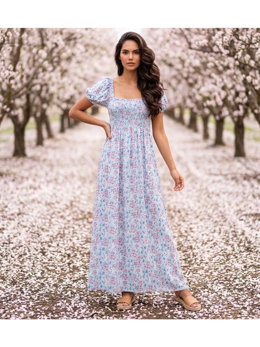 Pie In The Sky Smocked Lace Up Puff Sleeve Floral Maxi Dress M Cottage Prairie
